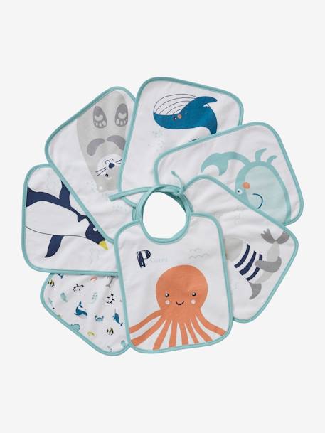 Set van 7 babyslabbetjes VERTBAUDET met decor zeedieren Prints op witte achtergrond - vertbaudet enfant 