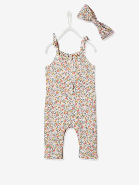 Set jumpsuit en haarband babymeisje van molton groengrijs met print+lichtroze+nachtblauw+wit met print - vertbaudet enfant 