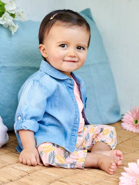 Personaliseerbare overhemd van afgewassen jeans babymeisje GEBLEEKTE DENIM - vertbaudet enfant 