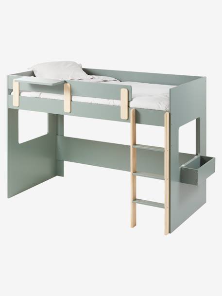 Mezzaninebed op halve hoogte EVEREST kaki+Roze+Wit/hout - vertbaudet enfant 