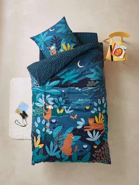 JUNGLE NIGHT kinderset dekbedovertrek + kussensloop blauw/meerkleurig - vertbaudet enfant 