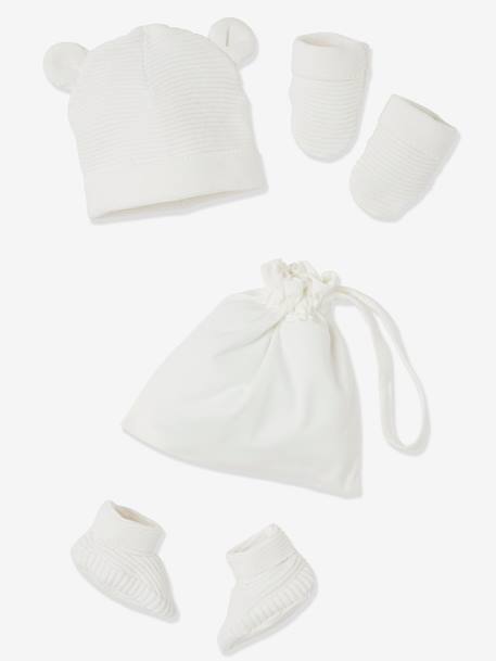 Set babymutsjes, wanten en laarsjes en bijpassend zakje Oeko-Tex® ecru+jeansblauw+roze (poederkleur) - vertbaudet enfant 