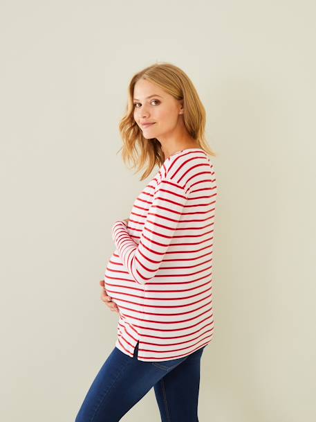 Crossover T-shirt voor zwangerschap en borstvoeding Helderwit met marineblauwe str+Wit met rode strepen - vertbaudet enfant 