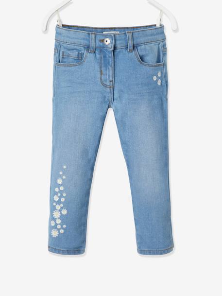 Driekwartsbroek van denim met geborduurde bloemen voor meisjes double stone - vertbaudet enfant 