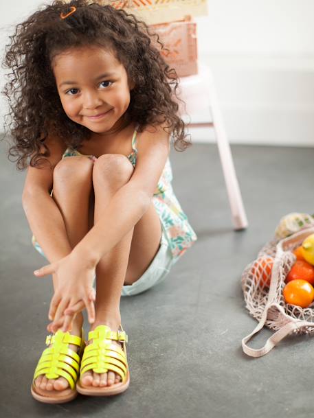 Leren sandalen met gespen voor meisjes Fluorescerend geel+veel bruin - vertbaudet enfant 