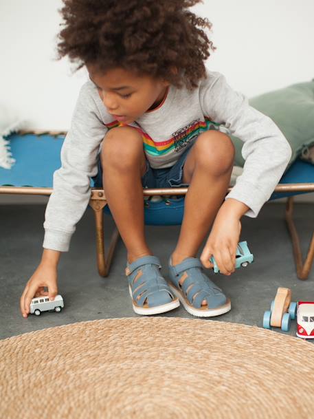 Jongenssandalen van leer met klittenbandsluiting blauw+kameel - vertbaudet enfant 