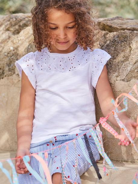 Meisjesshirt van Engels borduurwerk en mouwen met stroken fuchsia+koraal+marineblauw+WIT+ZACHTGROEN+zachtpaars - vertbaudet enfant 