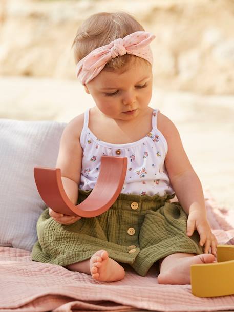 Gestreept babyhemdje met dunne bandjes rozen+wit met print - vertbaudet enfant 