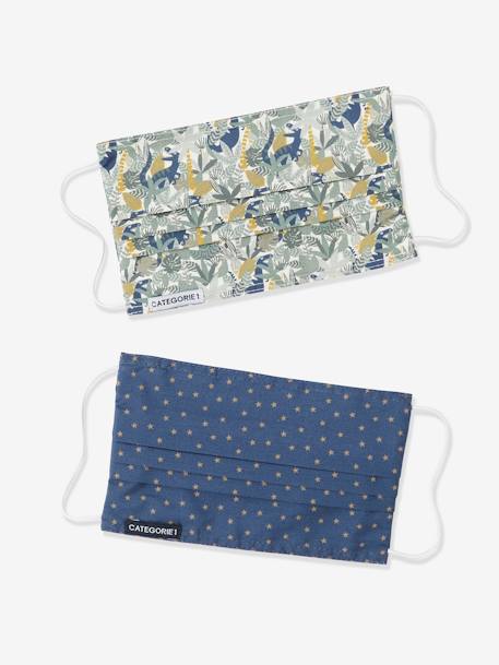 Set van 2 wasbare jongensmaskers met opdruk ivoor met print+jeansblauw met print - vertbaudet enfant 