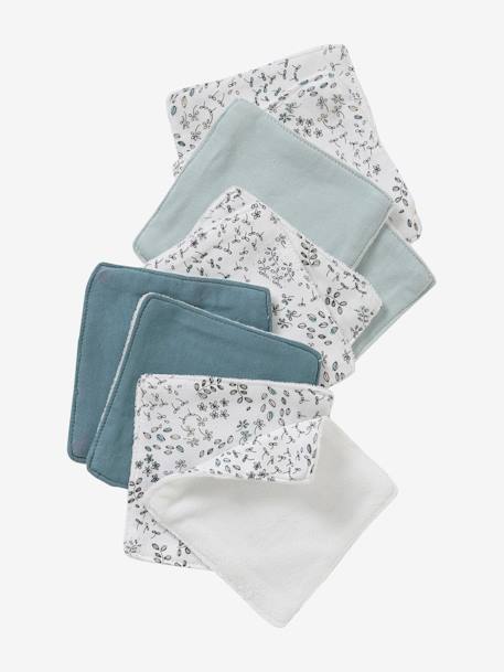 Set van 10 washandjes blauw, bedrukt+plantenprint/blauw/groen+set roze - vertbaudet enfant 