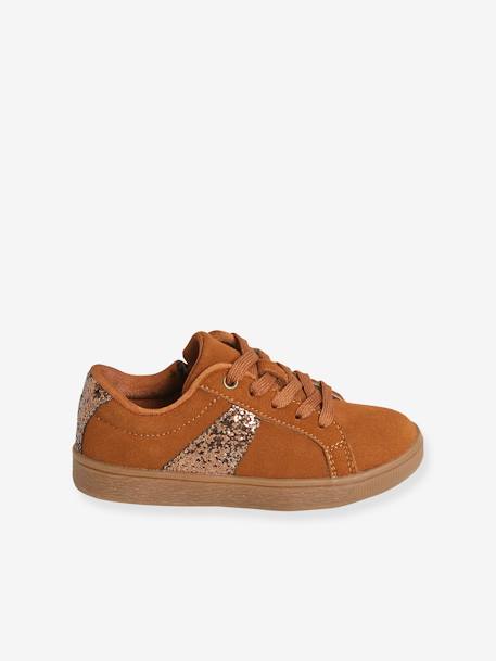 Leren meisjessneakers met vetersluiting en ritssluiting camel met lovertje+groen - vertbaudet enfant 