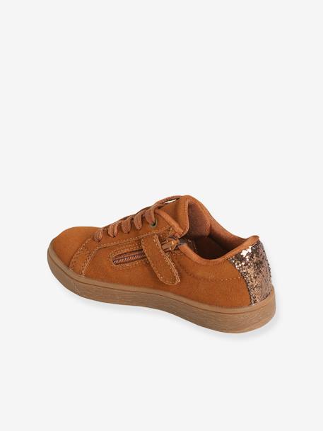 Leren meisjessneakers met vetersluiting en ritssluiting camel met lovertje+groen - vertbaudet enfant 