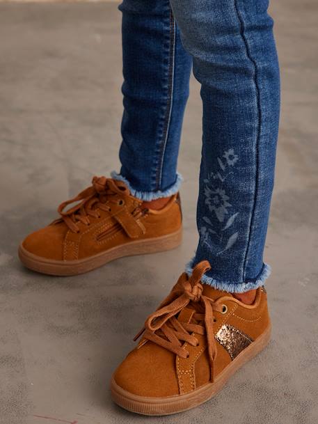 Leren meisjessneakers met vetersluiting en ritssluiting camel met lovertje+groen - vertbaudet enfant 