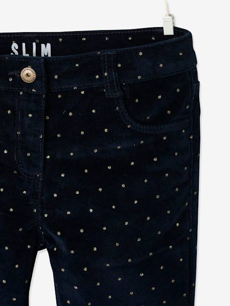 Slim fit MorphologiK meisjesbroek van fluweel met iriserende polka dots heupomtrek large bedrukt marineblauw+kaki met print - vertbaudet enfant 