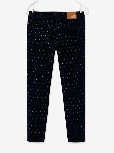 Slim fit MorphologiK meisjesbroek van fluweel met iriserende polka dots heupomtrek large bedrukt marineblauw+kaki met print - vertbaudet enfant 