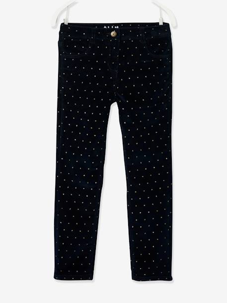 Slim fit MorphologiK meisjesbroek van fluweel met iriserende polka dots heupomtrek large bedrukt marineblauw+kaki met print - vertbaudet enfant 