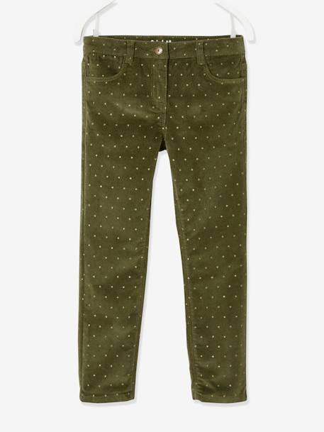 Slim fit MorphologiK meisjesbroek van fluweel met iriserende polka dots heupomtrek large kaki met print - vertbaudet enfant 