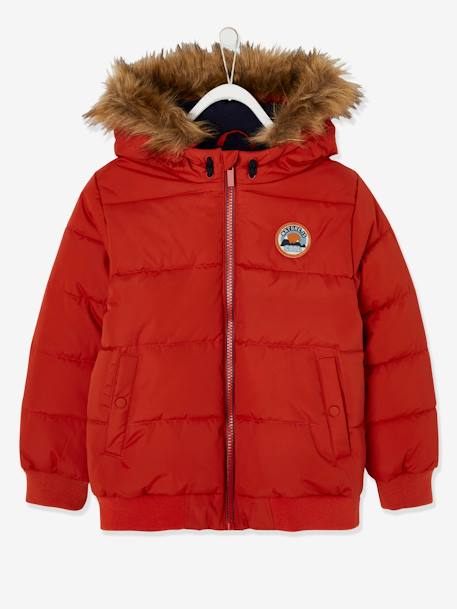 Jongensdonsjack met capuchon gevoerd met fleece van gerecycled polyester ORANJE - vertbaudet enfant 