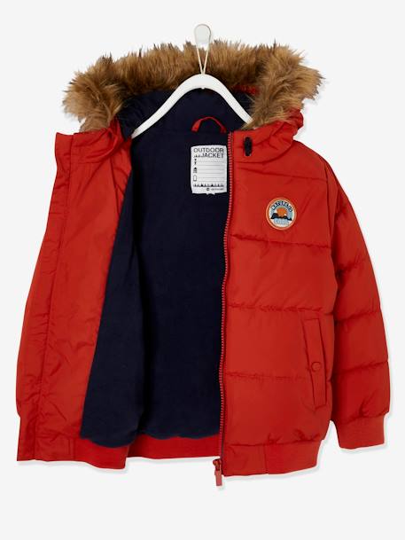 Jongensdonsjack met capuchon gevoerd met fleece van gerecycled polyester ORANJE - vertbaudet enfant 