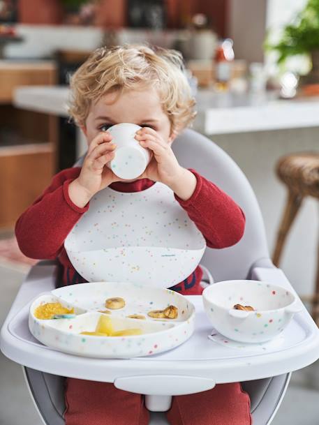 Slabbetje met opvangzakje van silicone jeansblauw+oudroze+terrazzo wit - vertbaudet enfant 