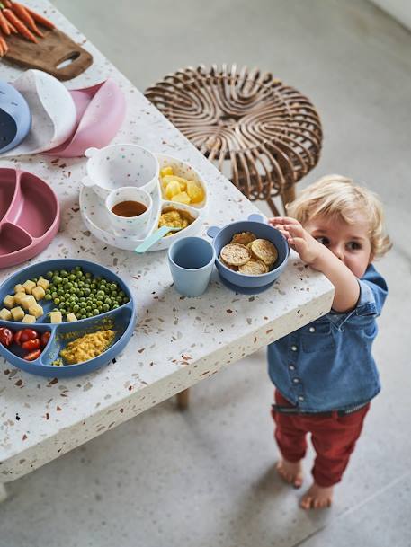 Slabbetje met opvangzakje van silicone jeansblauw+oudroze+terrazzo wit - vertbaudet enfant 