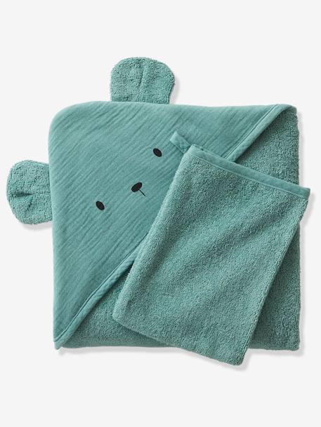 Badcape + handschoen van biologisch katoenen gaas*, Oeko-Tex®. blauw+groen+oker+roze - vertbaudet enfant 