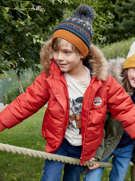 Jongensdonsjack met capuchon gevoerd met fleece van gerecycled polyester ORANJE - vertbaudet enfant 