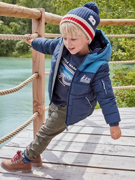 Tweekleurig jongensjack met kap en gerecyclede polyester vulling hazelnoot+Marineblauw+saliegroen - vertbaudet enfant 