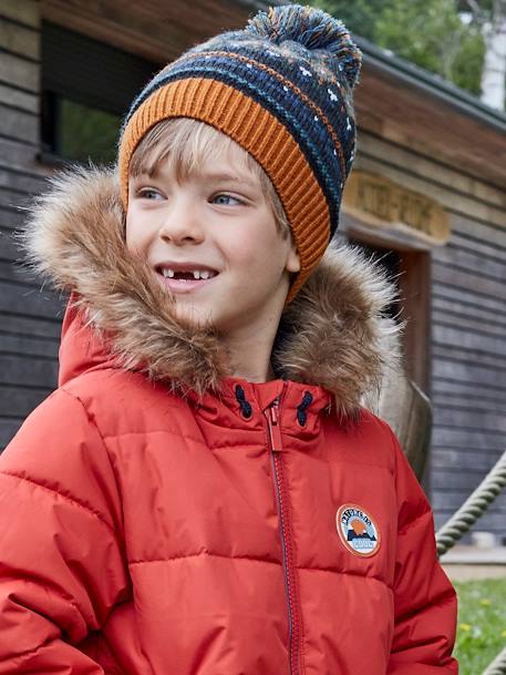 Jongensdonsjack met capuchon gevoerd met fleece van gerecycled polyester ORANJE - vertbaudet enfant 