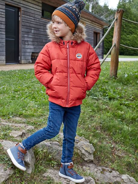 Jongensdonsjack met capuchon gevoerd met fleece van gerecycled polyester ORANJE - vertbaudet enfant 