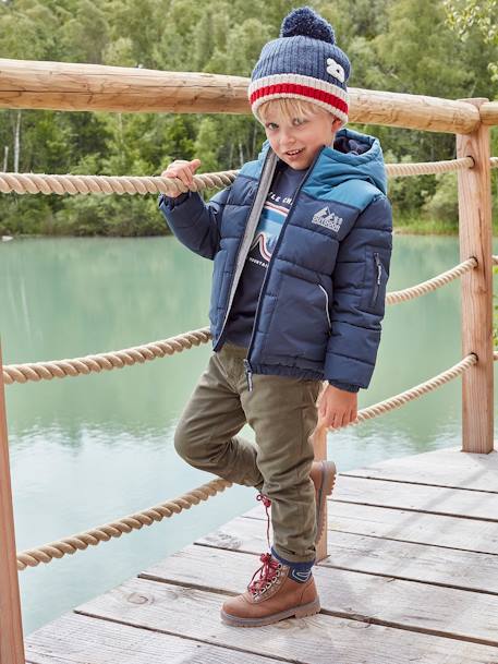 Tweekleurig jongensjack met kap en gerecyclede polyester vulling hazelnoot+Marineblauw+saliegroen - vertbaudet enfant 