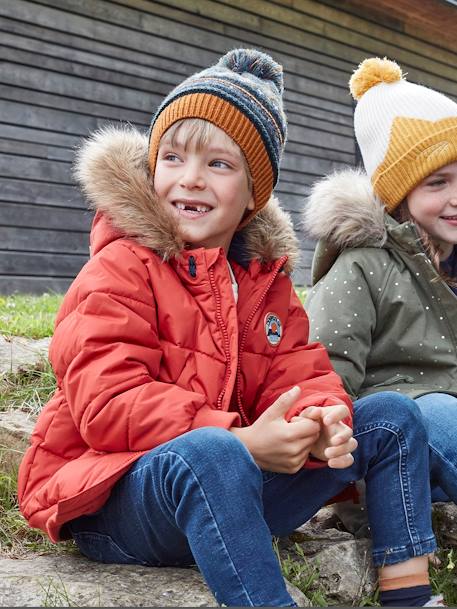 Jongensdonsjack met capuchon gevoerd met fleece van gerecycled polyester ORANJE - vertbaudet enfant 