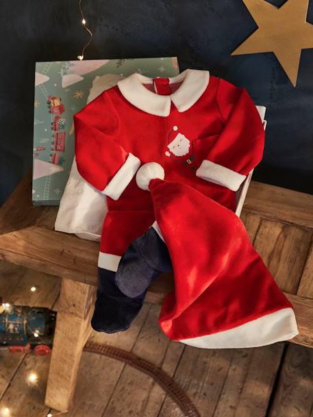 Kerstcadeauset voor baby met fluwelen pyjamapakje + mutsje baksteenrood - vertbaudet enfant 