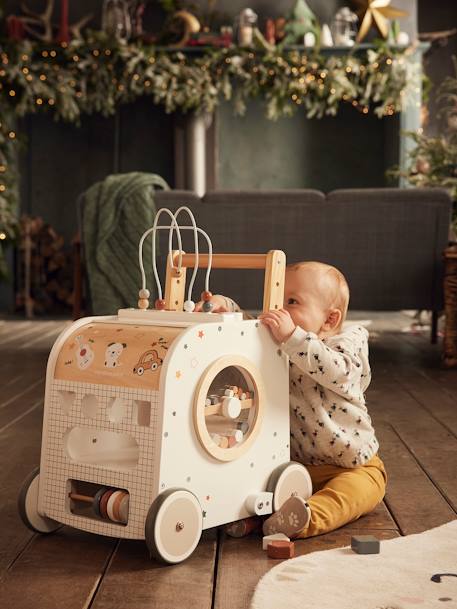 FSC®-houten loopwagentje met remmen en activiteitenkubus meerkleurig - vertbaudet enfant 