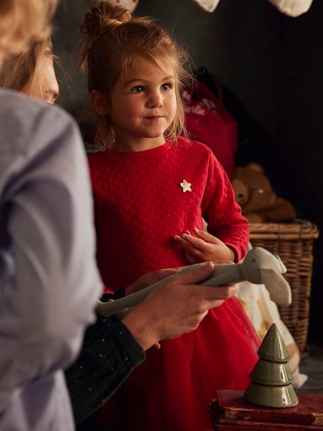 Kerstmeisjesjurk van twee soorten materiaal baksteenrood+groen+inkt - vertbaudet enfant 