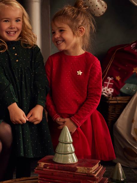 Kerstmeisjesjurk van twee soorten materiaal baksteenrood+groen+inkt - vertbaudet enfant 