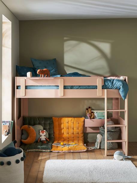 Mezzaninebed op halve hoogte EVEREST kaki+Roze+Wit/hout - vertbaudet enfant 