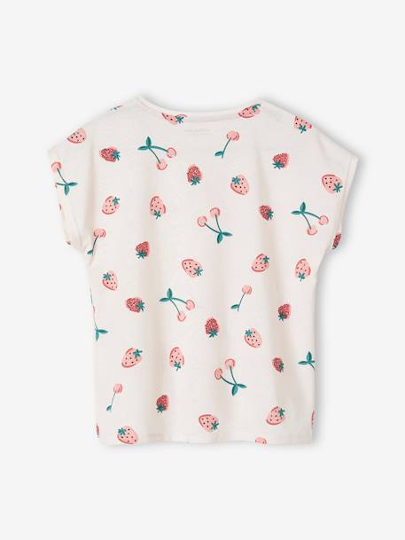 Gestreept T-shirt voor meisjes met sierstrik ecru+groen+kaki+rose paars bedrukt+vanille - vertbaudet enfant 