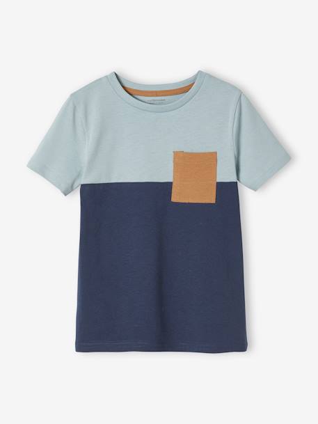 Colorblock jongensshirt met korte mouwen azuurblauw+kaki+leisteen+oranje - vertbaudet enfant 