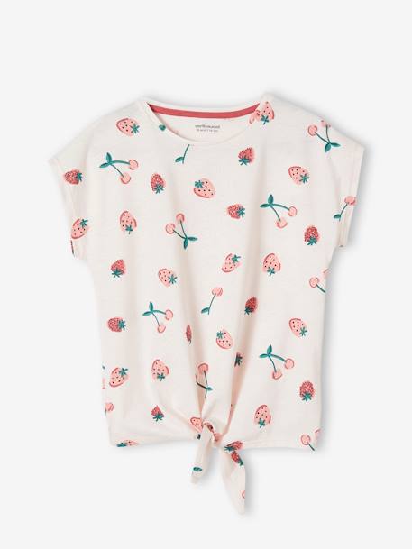 Gestreept T-shirt voor meisjes met sierstrik ecru+groen+kaki+rose paars bedrukt+vanille - vertbaudet enfant 