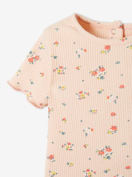 Babyshirt met bloemen in geribbeld tricot bedrukt grijsachtig roze - vertbaudet enfant 