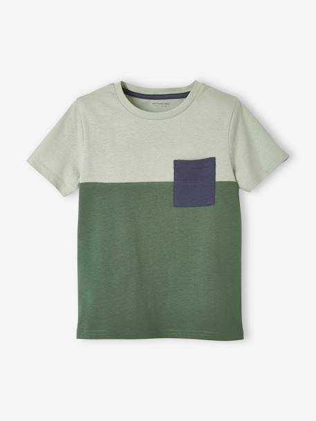 Colorblock jongensshirt met korte mouwen azuurblauw+kaki+leisteen+oranje - vertbaudet enfant 