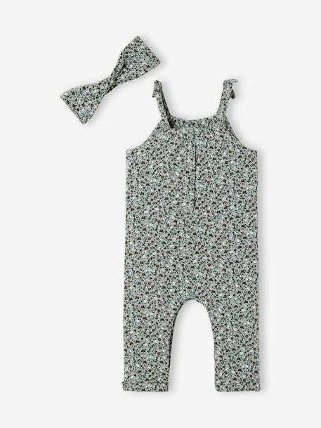 Set jumpsuit en haarband babymeisje van molton groengrijs met print+lichtroze+nachtblauw+wit met print - vertbaudet enfant 