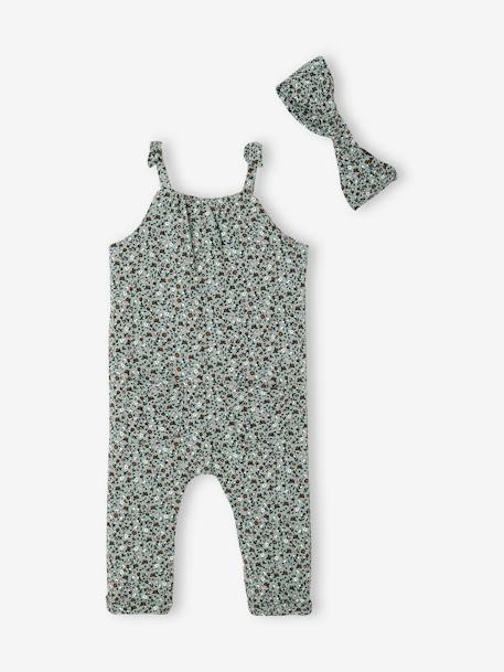 Set jumpsuit en haarband babymeisje van molton groengrijs met print+lichtroze+nachtblauw+wit met print - vertbaudet enfant 