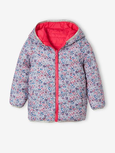 Lichtgewicht omkeerbaar meisjesjack met capuchon en gerecyclede polyester voering 6306+antraciet met print+nachtblauw+roze met print - vertbaudet enfant 