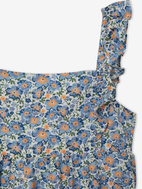 Lange meisjesjurk met ruches en schouderbandjes currygeel met print+ecru met blauwe bloemenprint+ivoor met print - vertbaudet enfant 