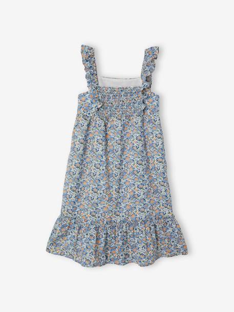 Lange meisjesjurk met ruches en schouderbandjes currygeel met print+ecru met blauwe bloemenprint+ivoor met print - vertbaudet enfant 