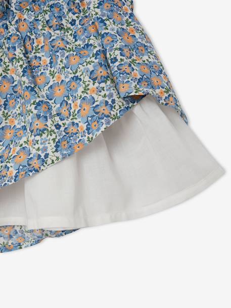 Lange meisjesjurk met ruches en schouderbandjes currygeel met print+ecru met blauwe bloemenprint+ivoor met print - vertbaudet enfant 