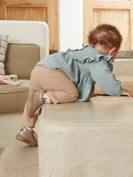 Zachte lederen meisjeslaarsjes voor de kruipende baby blauw, bedrukt+goud+nachtblauw+zwart, bedrukt - vertbaudet enfant 