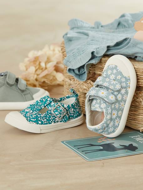 Stoffen tennisschoenen met klittenband voor babymeisjes blauwe madeliefjesprint+paars, bedrukt+roze, bedrukt+WIT - vertbaudet enfant 